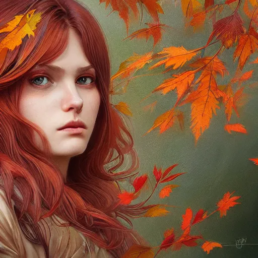 Image similar to girl with super long hair, hair becoming autumn red leaves, intricate, highly detailed, digital painting, artstation, concept art, smooth, sharp focus, illustration, unreal engine 5, 8 k, art by artgerm and greg rutkowski and alphonse mucha