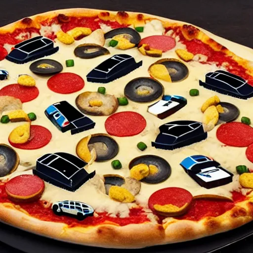 Prompt: a pizza topped with houses and cars