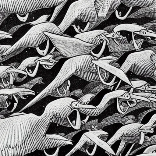 Prompt: escher print of pterodactyls