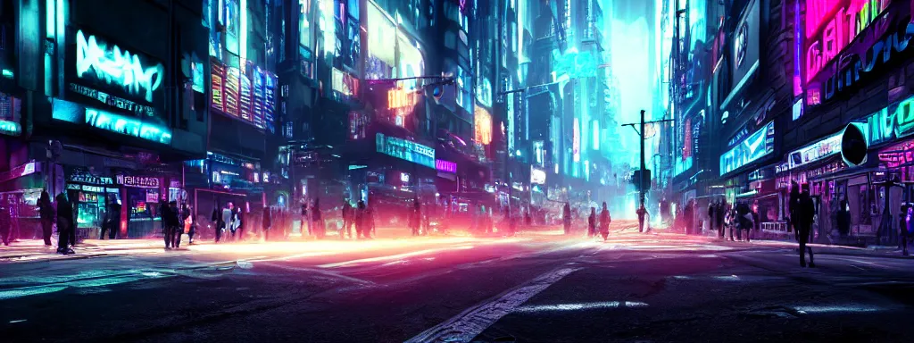 Prompt: Ultra realistic photo, 35mm lens, dark neon futuristic cyberpunk city bustling street, displacement mapped, cinematic lighting, hyper realistic, extreme details, unreal engine 5, cinematic, masterpiece