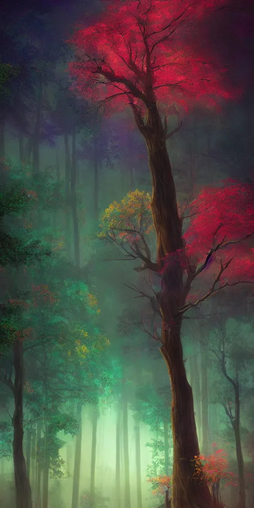 Prompt: huge trees, misty nighttime. radiating colorful energy. photorealistic, moody atmosphere,, holographic undertones, intricate and detailed, highly saturated colors, by kan liu, breath of the wild, studio ghibli. trending on artstation. award winning, daily deivation