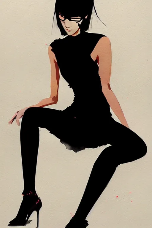 Image similar to a ultradetailed beautiful panting of a stylish woman in a black dress sitting, by conrad roset, greg rutkowski and makoto shinkai trending on artstation