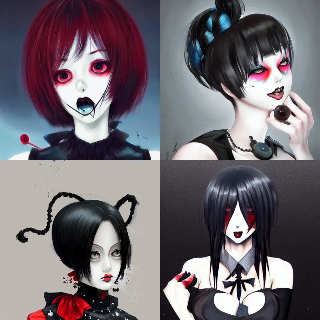 Prompt: beautiful! coherent!!!!!!!!!!!!!! well - constructed! detailed! expert! professional!!!!!!!!!!!!!!!!!!! manga anime seinen concept art portrait art of a goth clowngirl, painted by ilya kuvshinov!!!!!