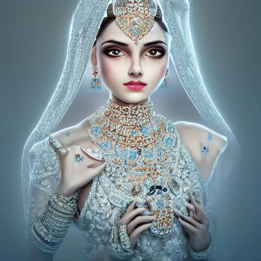 Prompt: portrait of wonderful hindi princess of white diamonds with fair skin, white flowers, ornate with white diamonds, 8 k, gorgeous, intricate, detailed, glowing white accent lighting, dramatic lighting, octane render