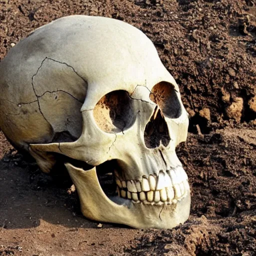 Prompt: Giant skull found at excavation site, press photo