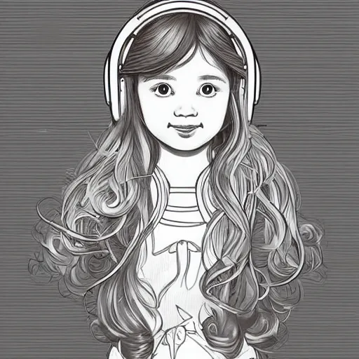 Image similar to clean simple line art of a cute little girl with a short brown wavy curly hair. she is dressed as an astronaut. no background. well composed, clean coloring book page, beautiful detailed face. coloring book line art by artgerm and greg rutkowski and johanna basford and alphonse mucha