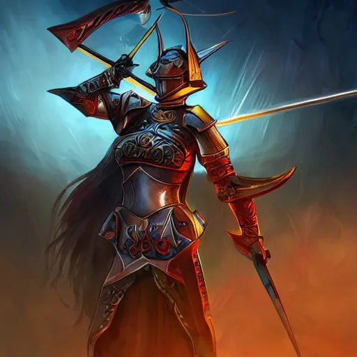 Prompt: female knight with an electric longsword rallies a band of troops, dramatic, fantasy character portrait, dynamic lighting, illustration, digital art, colorful