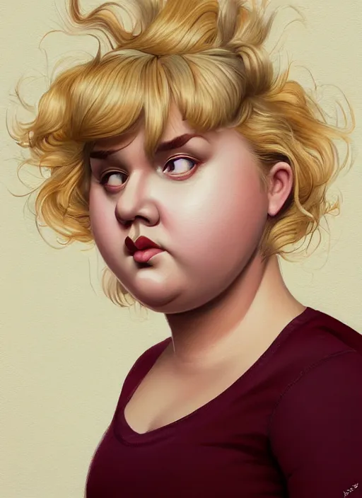 Image similar to full body portrait, teenage betty cooper, blonde hair, obese, bangs, ponytail, sultry, realistic, sultry smirk, fluffy bangs, curly bangs, fat, belly, beautiful girl, intricate, elegant, highly detailed, digital painting, artstation, concept art, smooth, sharp focus, illustration, art by wlop, mars ravelo and greg rutkowski