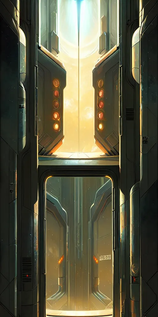 Image similar to hyper realistic art - deco sci - fi double door by jordan grimmer, darek zabrocki