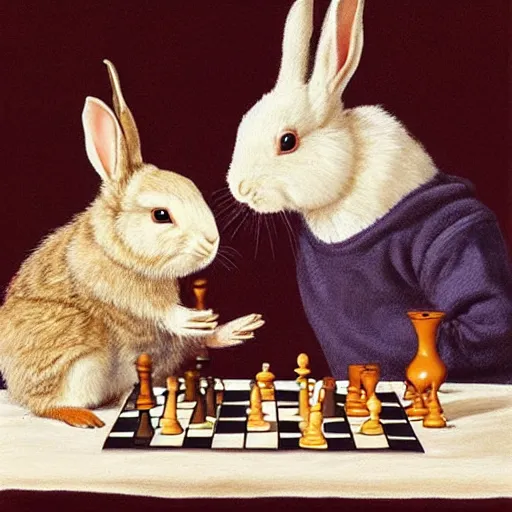 Image similar to rabbits drinking tea and playing chess. Painting of rabbits in sweaters by James Gurney (charming illustration of two cute rabbits).