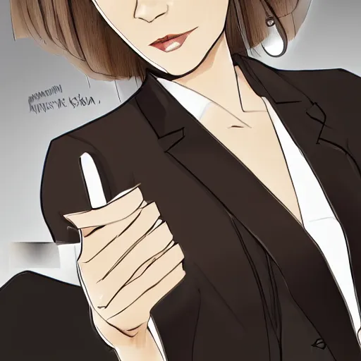 Image similar to woman in black business suit, chill, light brown neat hair, pixiv, fanbox, trending on artstation, portrait, digital art, modern, sleek, highly detailed, formal, serious, determined, lawyer, colorized, smooth, charming, pretty, safe for work