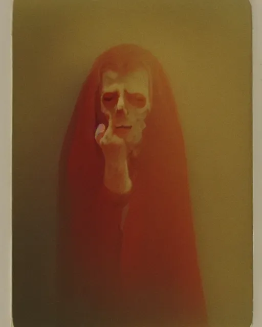 Prompt: an instant photo of a handsome but sinister ghost in layers of fear, with violence in his eyes, 1 9 7 0 s, seventies, woodlands, delicate embellishments, a little blood, crimson, painterly, offset printing technique, by mary jane ansell