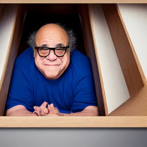 Image similar to danny devito hiding under a bed ( sony a 7 r iv, symmetric balance, polarizing filter, photolab, lightroom, 4 k, dolby vision, photography awardm, voque, perfect face )