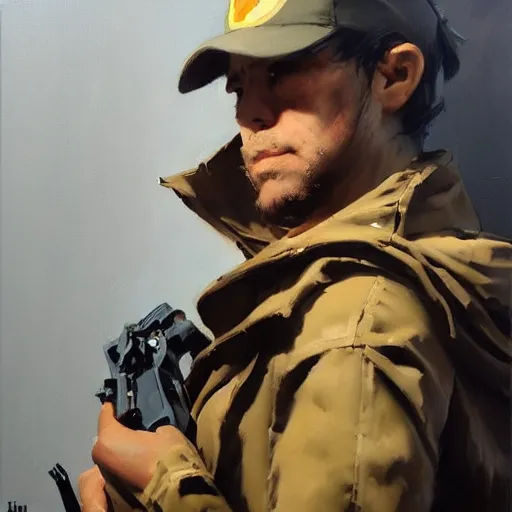 Image similar to greg manchess portrait painting of banksy as overwatch character, medium shot, asymmetrical, profile picture, organic painting, sunny day, matte painting, bold shapes, hard edges, street art, trending on artstation, by huang guangjian, gil elvgren, ruan jia, randy vargas, greg rutkowski