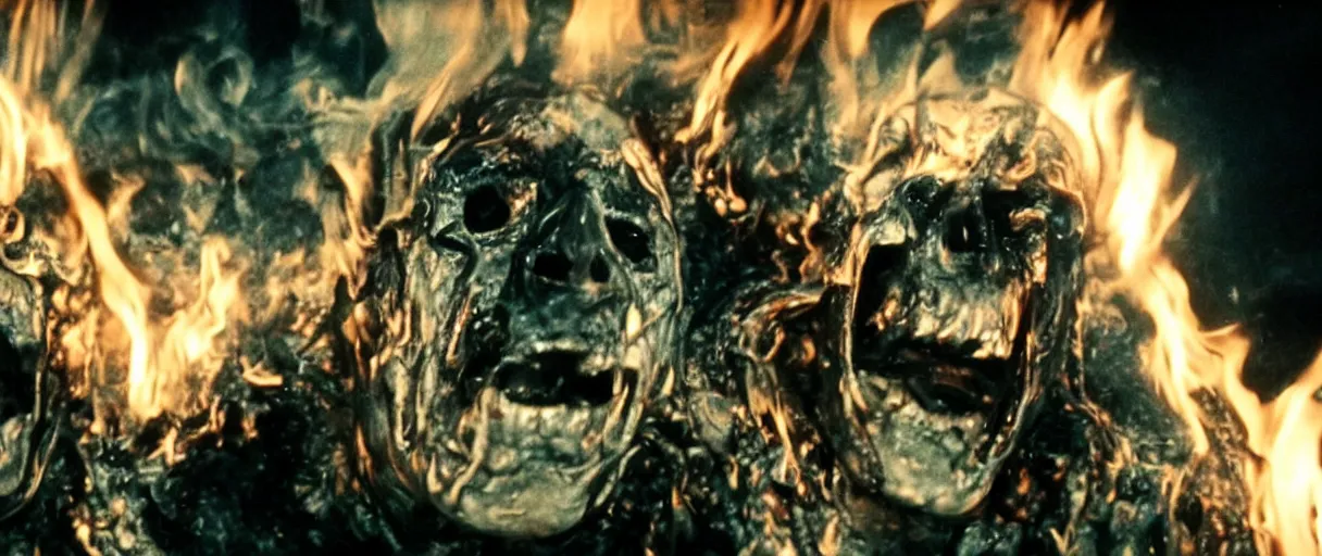 Image similar to filmic closeup dutch angle movie still 4k UHD 35mm film color photograph of 3 doctors burning alive inside of a science lab, melted and charred flesh, screaming in agony, in the style of a 1980s horror film