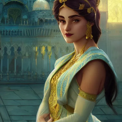 Image similar to beautiful young princess jasmin closeup, palace background, d & d, fantasy, elegant, highly detailed, digital painting, artstation, concept art, matte, sharp focus, illustration, art by artgerm and greg rutkowski and alphonse mucha