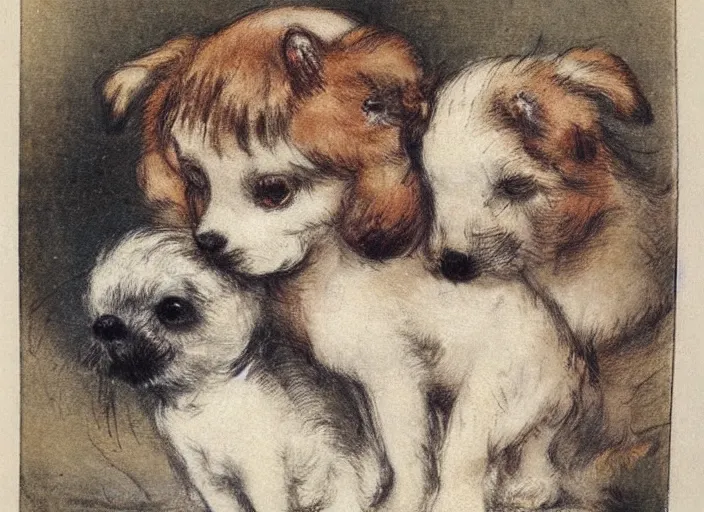 Prompt: Louis Icart, an old elaborate colored drawing of adorable little puppies by Louis Icart, highly detailed, masterpiece