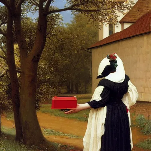 Prompt: a painting of a magpie on the arm of a young woman by Edmund blair Leighton
