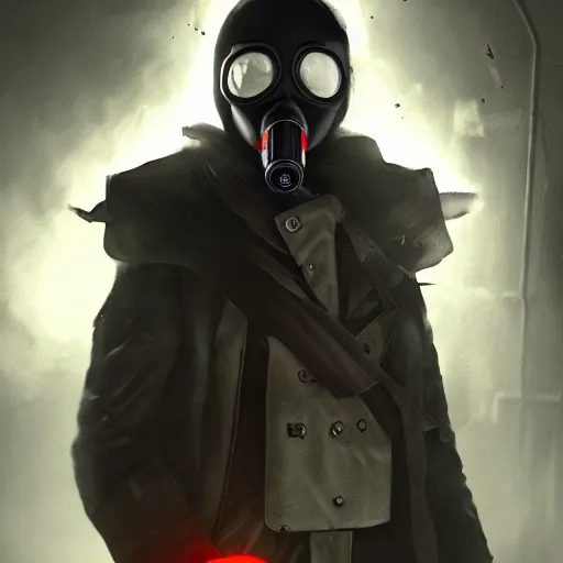 Image similar to hooden villain wearing a kamen rider gas mask, red eyes, smoke coming out of his body and coat, dark background, in a dark alley, unreal engine 5, ultra realistic, detailed, fog, volumetric lighting, by greg rutkowski,