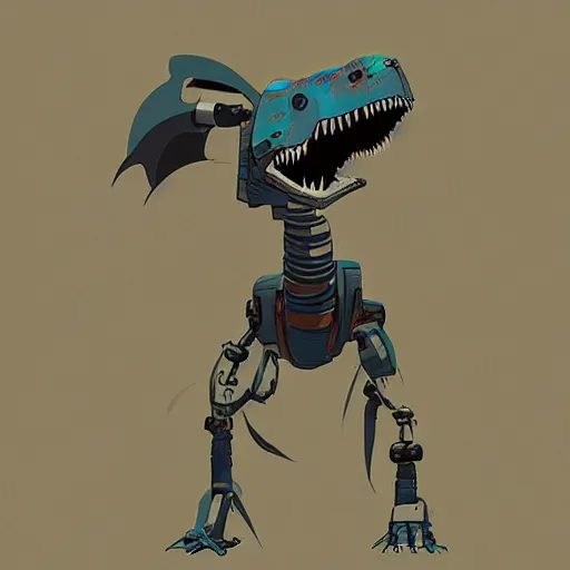 Image similar to a studio ghibli portrait of a robot T-rex made of mechanical parts, minimalist cartoonish psychedelic paleoart, realistic pixar style dinosaur