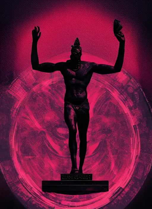 Image similar to black background with subtle red and purple design elements, mostly dark, statue of zeus, nekro, graphic design, collage art, thin lines, dark, glitch art, neo vaporwave, gritty, layout frame, square, trending on artstation