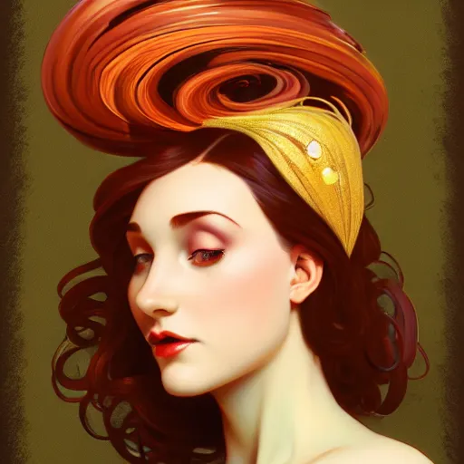 Image similar to curvy woman with a bundt cake on her head, digital art, cinematic, concept art, 8k, painting, imaginefx, cgsociety, art nouveau, Alphonse Mucha, trending on artstation, medium shot, head shot