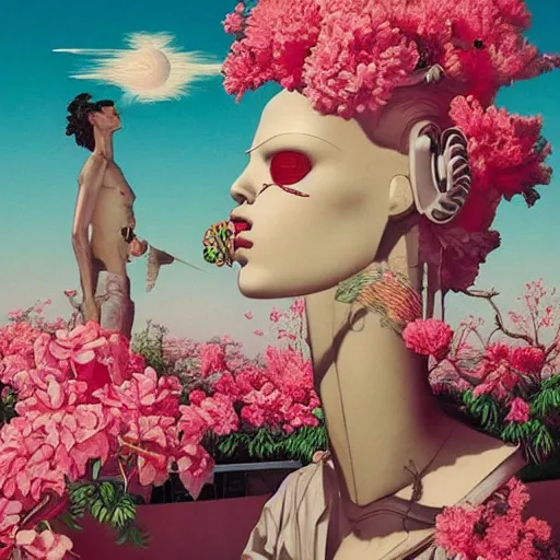 Image similar to Tristan Eaton & Greg Rutkowski, award winning masterpiece with incredible details, Zhang Kechun, a surreal vaporwave vaporwave vaporwave vaporwave vaporwave painting by Thomas Cole of an old pink mannequin head with flowers growing out, sinking underwater, highly detailed