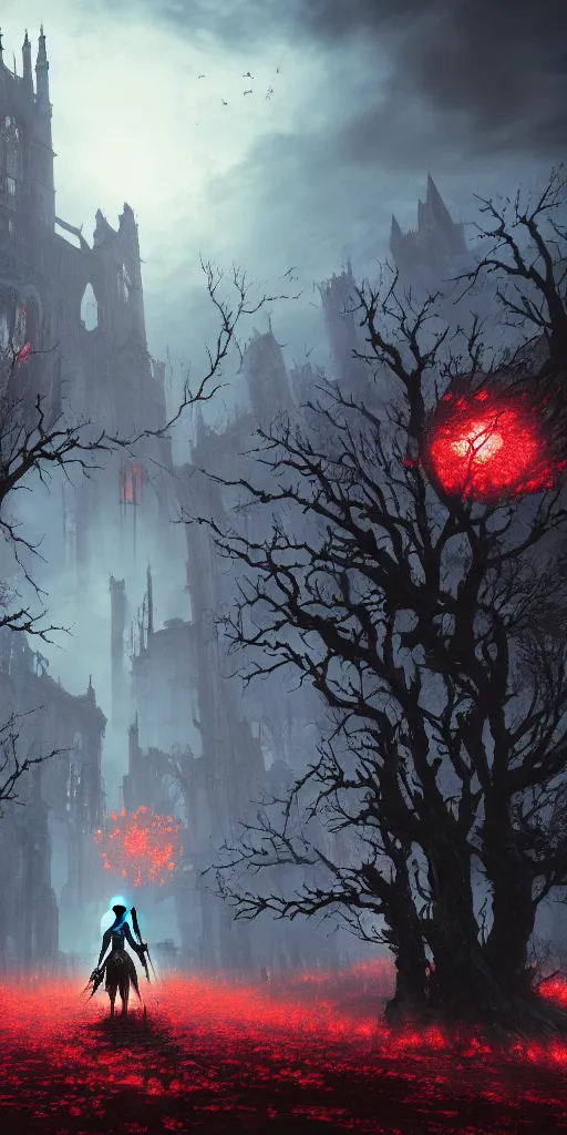 Image similar to abandoned bloodborne old valley with a obscure person at the centre and a ruined gothic city in the background, trees and stars in the background, falling red petals, epic red - orange moonlight, perfect lightning, wallpaper illustration by niko delort and kentaro miura, 4 k, ultra realistic