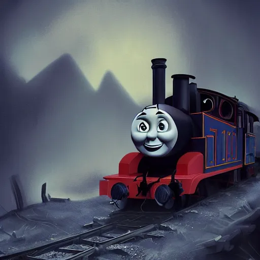 Image similar to gloomy and frightening thomas the engine goes straight to hell, artstation