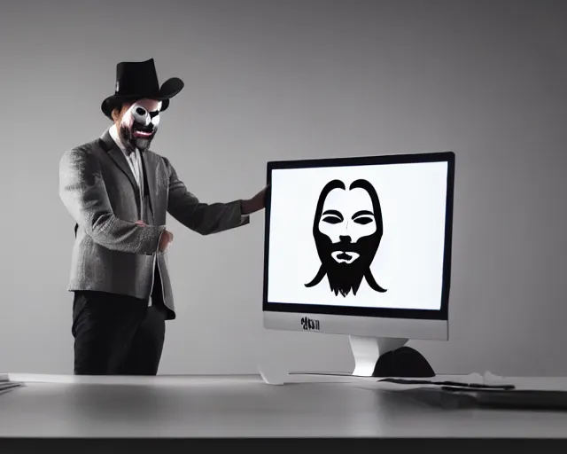 Image similar to man wearing guy fawkes mask examines numbers on large monitor intensely, corporate photo, cinematic lighting