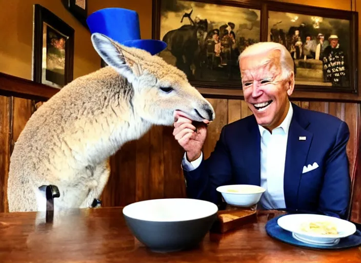 Prompt: Joe Biden eating breakfast at the Cracker Barrel with a kangaroo in a top hat