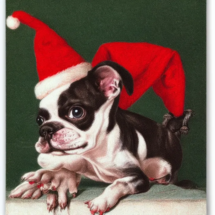 Prompt: cute boston terrier puppy wearing a christmas hat by george stubbs