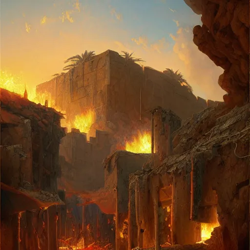 Image similar to digital art of fire and hail destroy a 4000BC middle eastern town by andreas rocha and john howe, and Martin Johnson Heade, featured on artstation, featured on behance, golden ratio, f32, well composed, cohesive