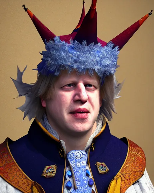 Image similar to Boris Johnson dressed as a Court Jester. Unreal engine, fantasy art by Betty Jiang. Faithfully depicted facial expression, perfect anatomy global illumination, radiant light, detailed and intricate environment