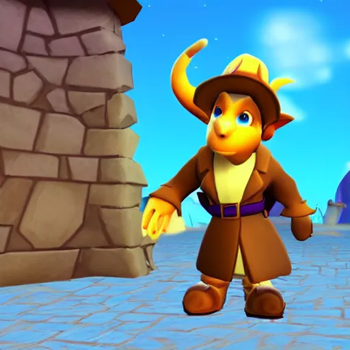 Image similar to screenshot of a cute humanoid inspector dragon with a brown trenchcoat as an npc in spyro the dragon video game, with playstation 1 graphics, activision blizzard, upscaled to high resolution