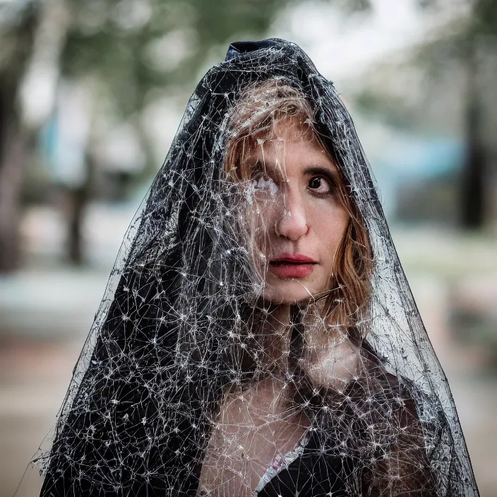 Image similar to a closeup portrait of a woman wearing a veil made of birds, in an abandoned theme park, by omar z. robles, canon eos c 3 0 0, ƒ 1. 8, 3 5 mm, 8 k, medium - format print