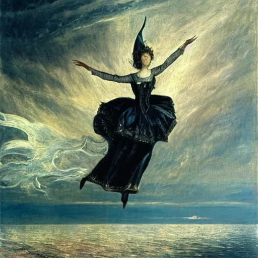 Prompt: Marie Antoinette levitating over the sea. By El Greco, Remedios Varo, Salvador Dali, Carl Gustav Carus, John Atkinson Grimshaw. Award winning, trending on artstation, masterpiece, highly detailed.