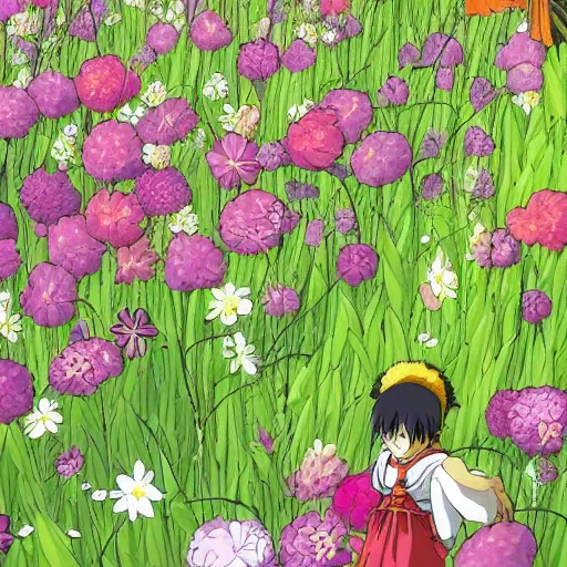 Image similar to A scene from an anime with characters in a field of flowers, close up, details, sharp focus, beautiful, intricate, digital illustration, by Akira Toriyama