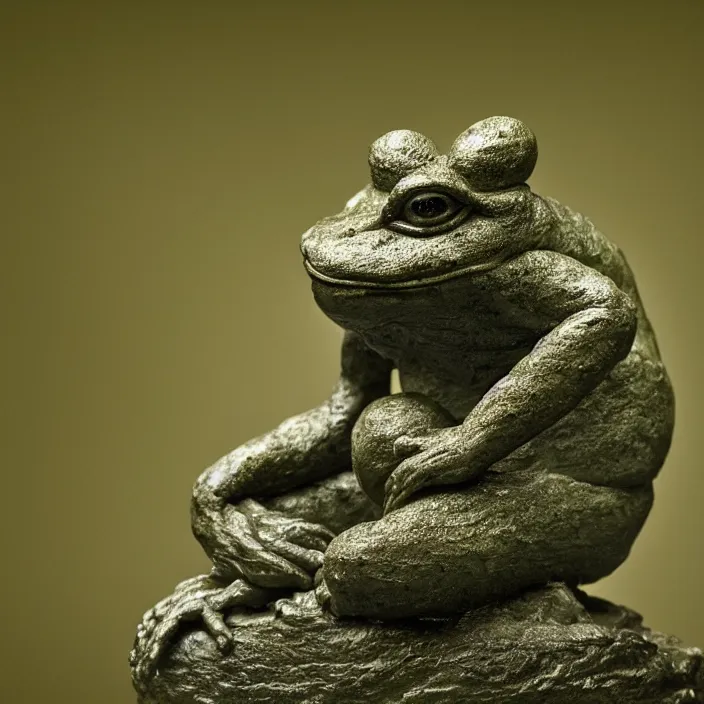 Image similar to toad philosopher The Thinker, swamp, by Auguste Rodin, symmetric, by Irving Penn, bokeh , top cinematic lighting , cinematic mood, very detailed, shot in canon, 8k ,