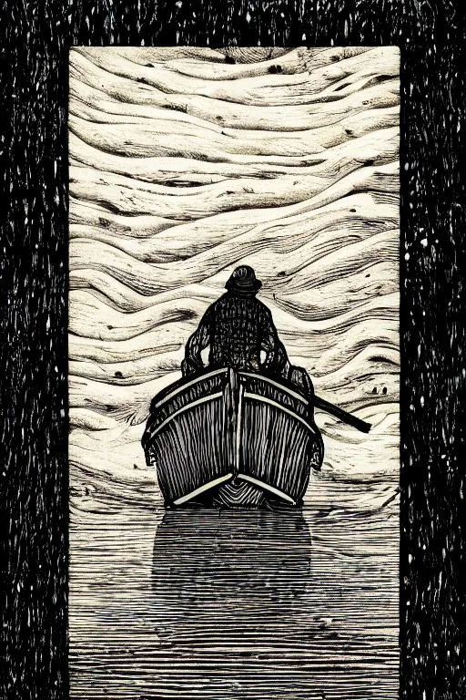 Prompt: a beautiful wood engraving on paper of an old hunched fisherman, 8 k, frostbite 3 engine, cryengine, dof, trending on artstation, digital art, crepuscular ray