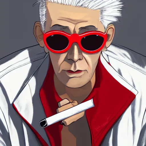 Image similar to young man in red jacket and white shirt, white hair, round goggles, smoking cigarette, character portrait, sharp focus, illustration