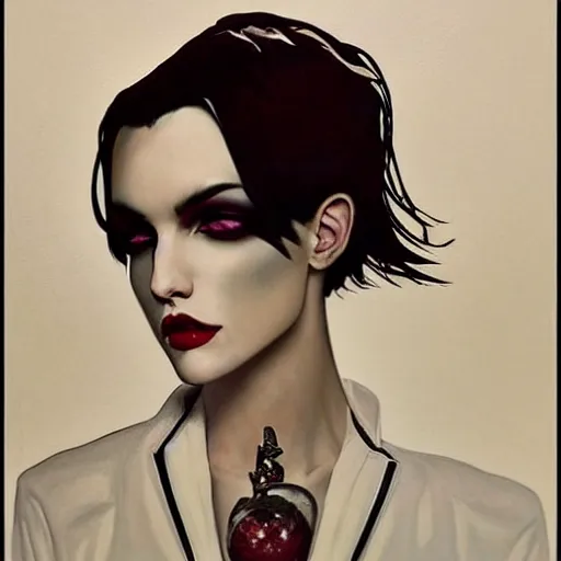 Prompt: stunning portrait of androgynous ruby rose as desire from sandman in a white tuxedo!!!, rockabilly style, by frank moth, by alphonse mucha, by jeremy mann, by peter lindbergh, dave mckean, white suit and black tie, soft lightning, high detailed, 8 k