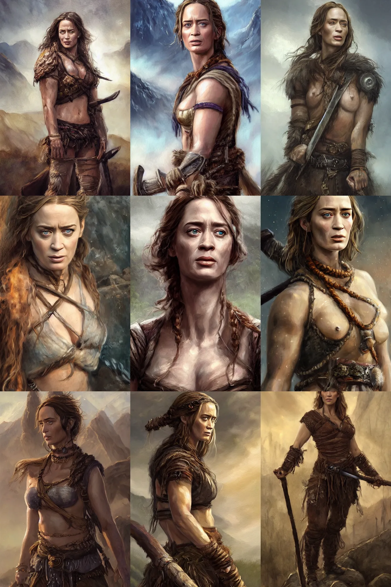 Prompt: a full body high detail fantasy portrait oil painting illustration of emily blunt as a beautiful young rugged stoic barbarian woman by justin sweet with face and body clearly visible, in a scenic background, pupils visible, realistic proportions, d & d, rpg, forgotten realms, artstation trending, high quality, sombre mood, artstation trending, muted colours, entire person visible!