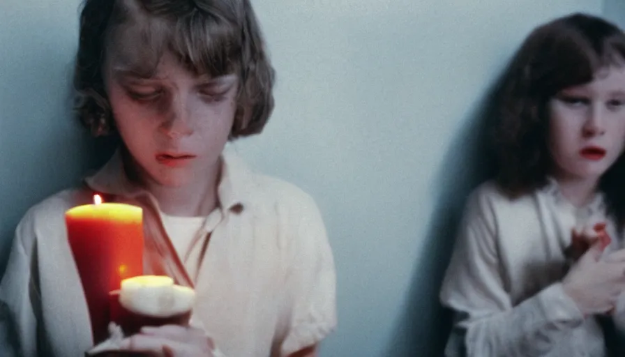 Prompt: 7 0 s film still from a horror movie about a teenager and a candle, kodachrome, cinecolor, cinestill, film grain, film texture, retro, cinematic, high resolution, photorealism,