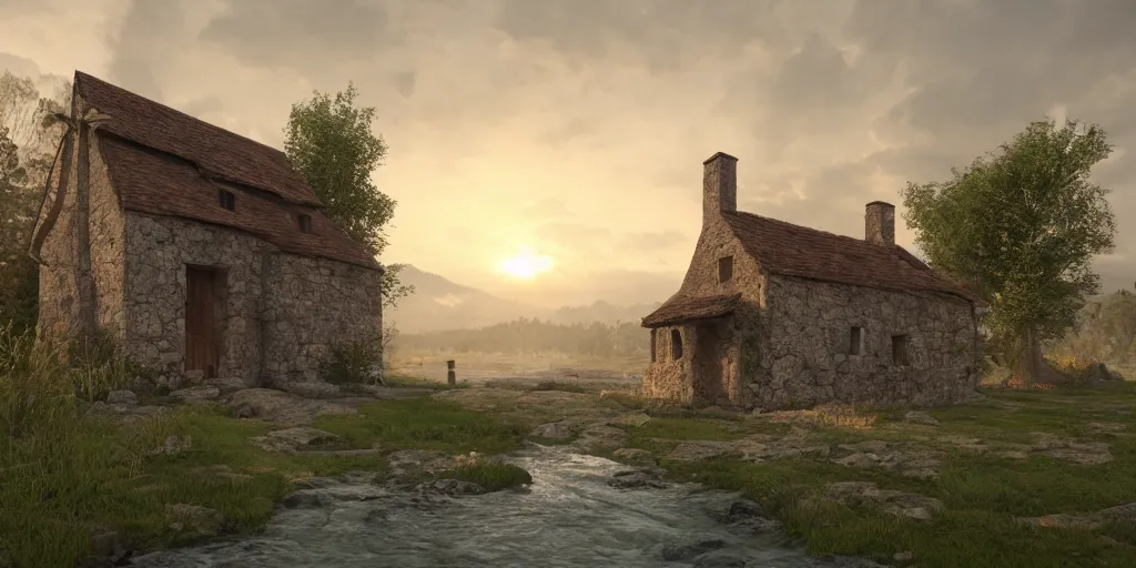 Image similar to a small medieval house near a river in the middle of two mountains at sunrise, concept art, hyperrealistic, trending on artstation, high quality, highly detailed, breathtaking landscape, path traced, clouds, soft lighting, soft colors, digital art, serene landscape, 8 k hdr, octane render, unreal engine 5