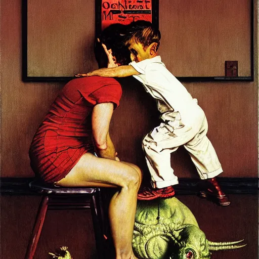 Prompt: monster of madness. by norman rockwell, hyperrealistic photorealism acrylic on canvas, resembling a high - resolution photograph