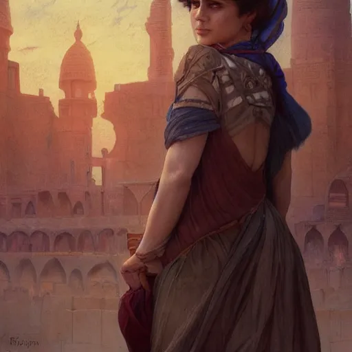 Prompt: A twenty year old Mesopotamian witch in training, in a major Mesopotamian city, highly detailed, digital painting, artstation, concept art, sharp focus, illustration, cinematic lighting, art by artgerm and greg rutkowski and alphonse mucha