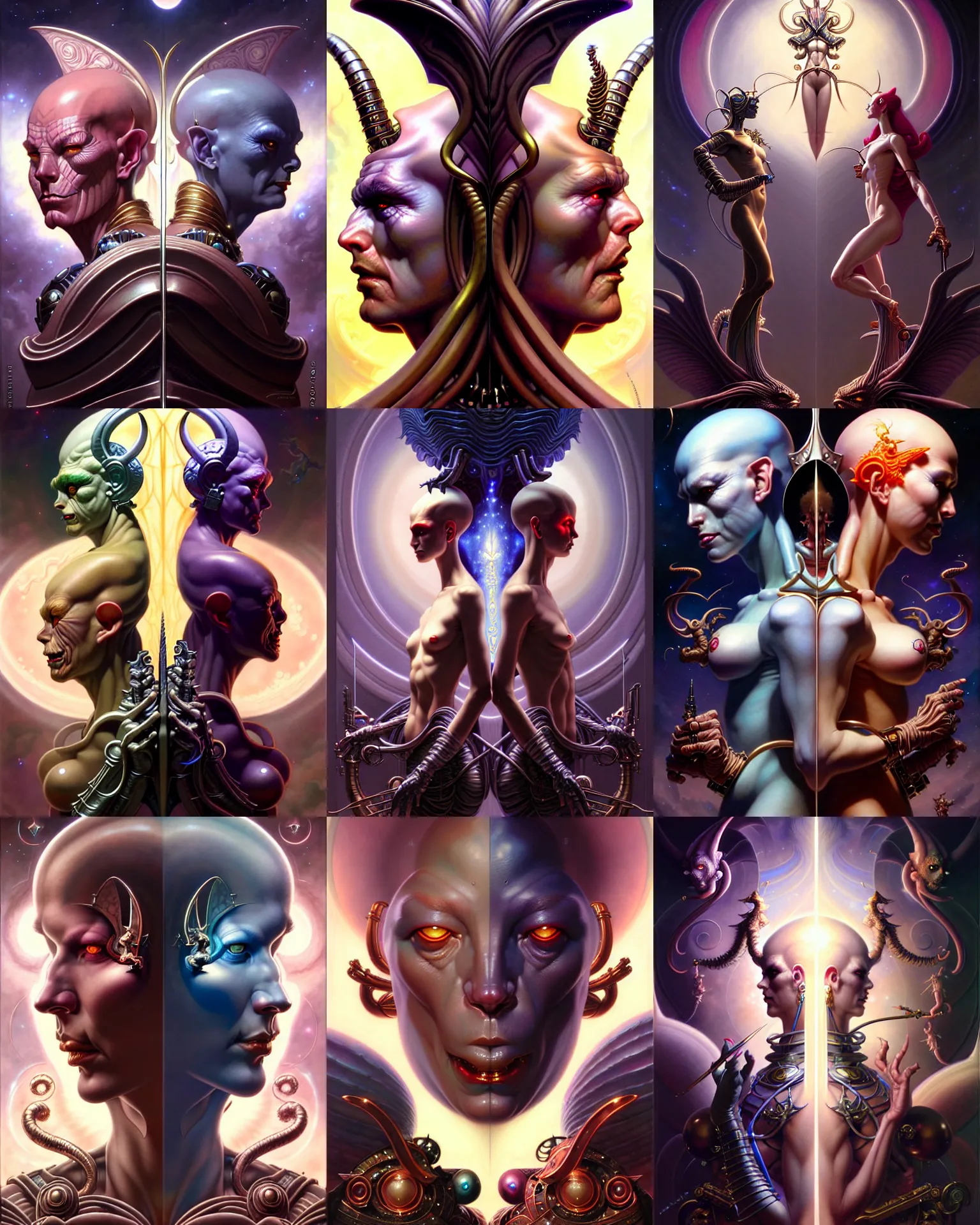 Image similar to beautiful gemini good and evil fantasy character portrait, ultra realistic, wide angle, intricate details, the fifth element artifacts, highly detailed by peter mohrbacher, hajime sorayama, wayne barlowe, boris vallejo, aaron horkey, gaston bussiere, craig mullins