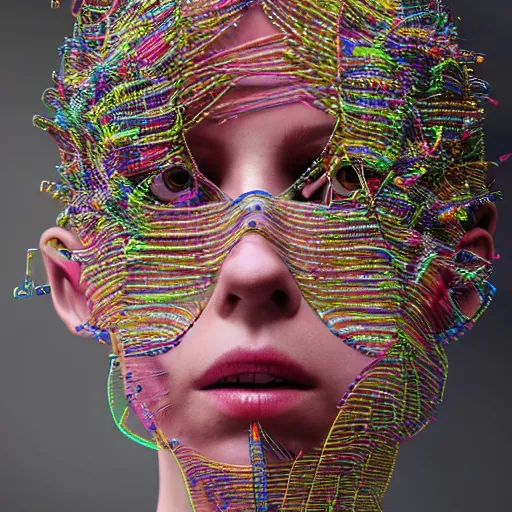 Image similar to hyper realistic woman with a weird head piece on her head, made of paperclips, made of insects, made of feathers, hybrid, bold natural colors, panfuturism, masterpiece, trending on artstation, photograph