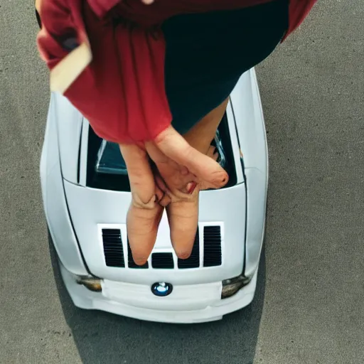 Prompt: Angry woman hold up in her hand BMW e30